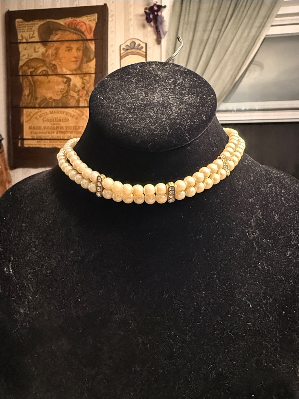 Vintage 1928 brand two strand faux Pearl necklace with rhinestones choker style